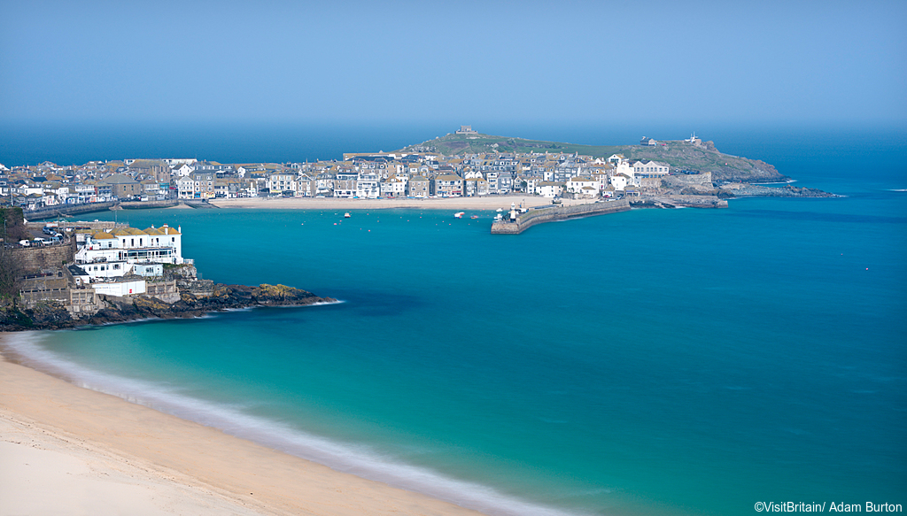 St Ives town and harbour viewed from above Porthminster beach
